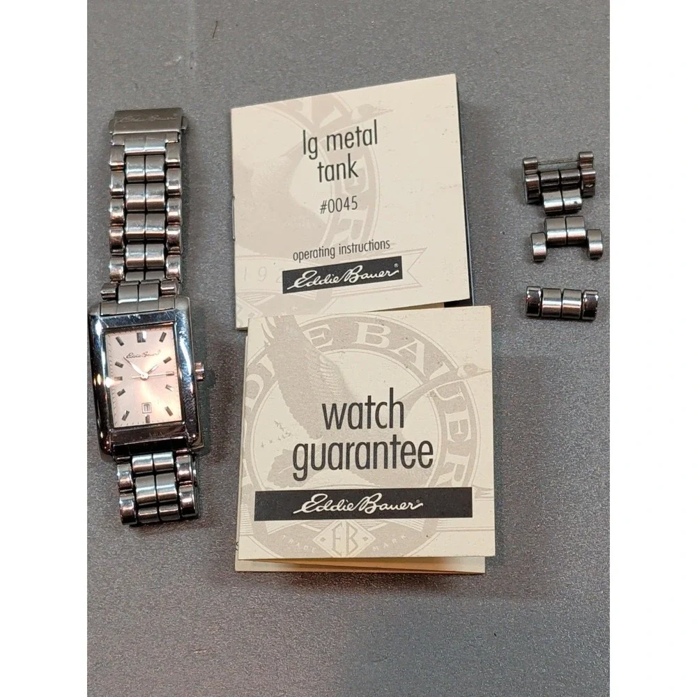 Eddie Bauer LG Metal Tank Watch 0045 Silver Dial Stainless Steel Box Set Mens